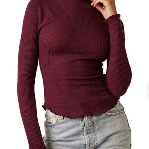 Free People Maroon Ribbed Long Sleeve Top